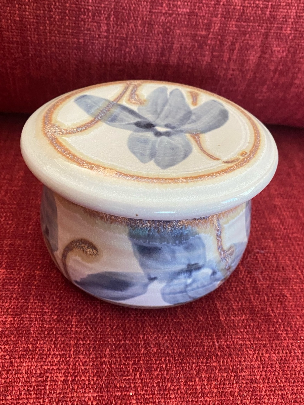 Signed Ceramic Butter Bell Blue Iris Flowers